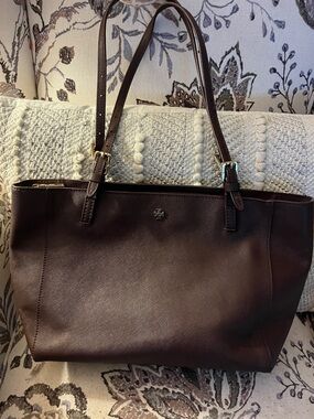 Tory Burch Dark Brown Leather Tote with Gold Hardware